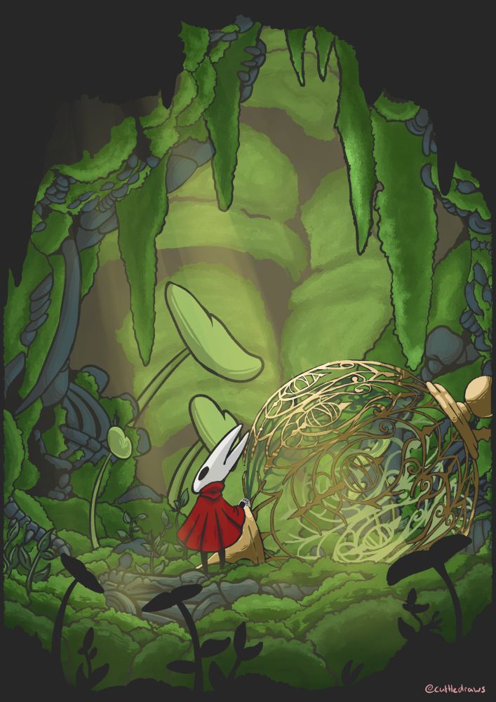 Hornet a character from Hollow Knight stands dressed in red in a lush green environment.