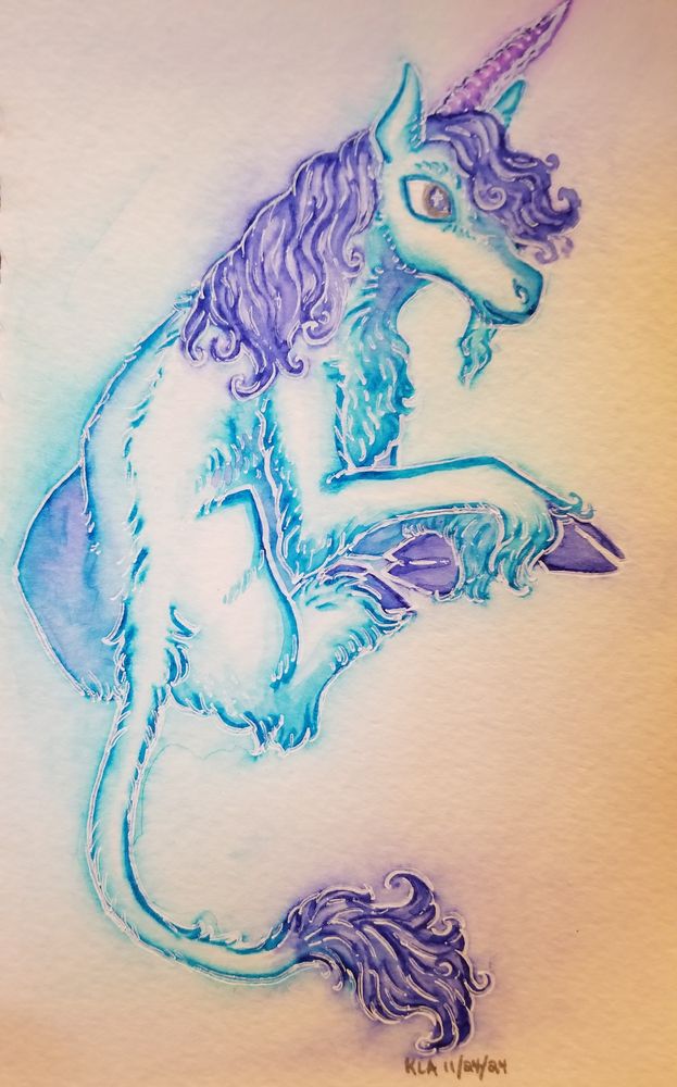 A full view of a bearded unicorn in watercolor, outlined in blue and white. The unicorn is lying down with its legs folded beneath it and its back toward the viewer. It has silver eyes, a pink and purple curled horn, cloven indigo hooves, and an indigo mane. Its hair is curled at the chest and hooves, and it has a lion's tail.