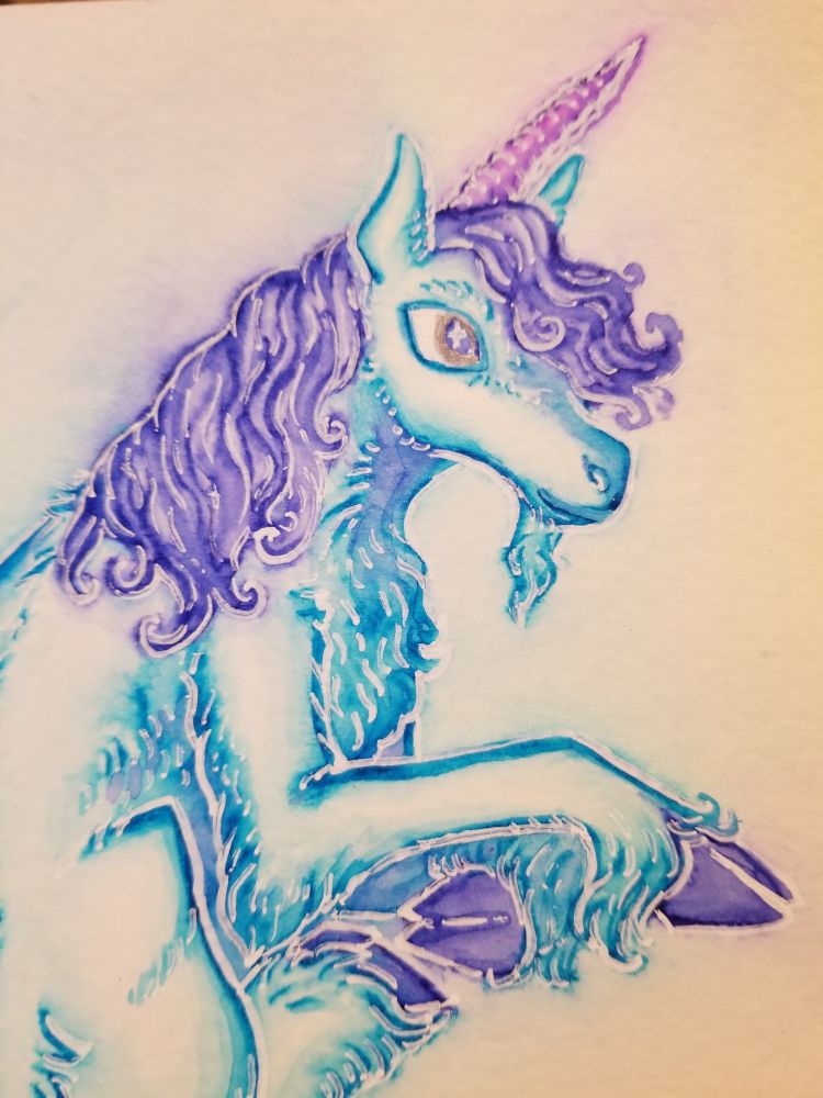 A close-up of a bearded unicorn in watercolor with silver eyes, a pink and purple curled horn, cloven indigo hooves, and an indigo mane. Its hair is curled at the chest and hooves.