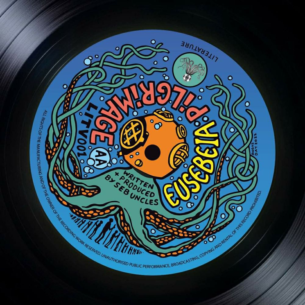 Artwork for some very nice Jungle Dnb vinyl from Literature Recordings . Side B shows Eusebeia, Pilgrimage. Picture of an octopus with deepsea diver helmet on, and some pilgriming humans.