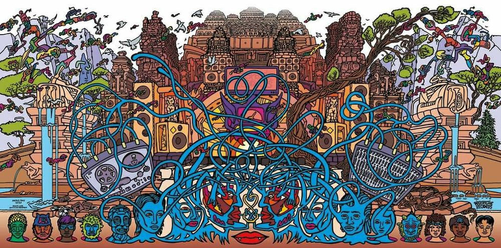 Inside panel art for a vinyl double album by Phuture-T on Inperspective Records. Just 2 of 12 panels I drew. Loved putting lots of stuff personal to the musicians in there.