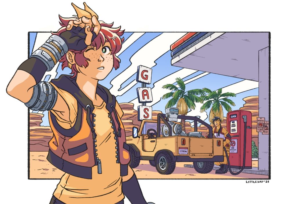 A red-haired girl in the foreground is cover her eyes from the sun, some mechanical stuff are covering her arm. In the background a jeep is parked in a gas station in the middle of the desert. A mechanical humanoid is sit in the 
back of the vehicle, the head is turn toward the girl in the foreground. On a little screen on its head appear the word "READY". Another girl, with brown skin, long black hair in a ponytail is refueling the jeep while calling the girl in the foreground.