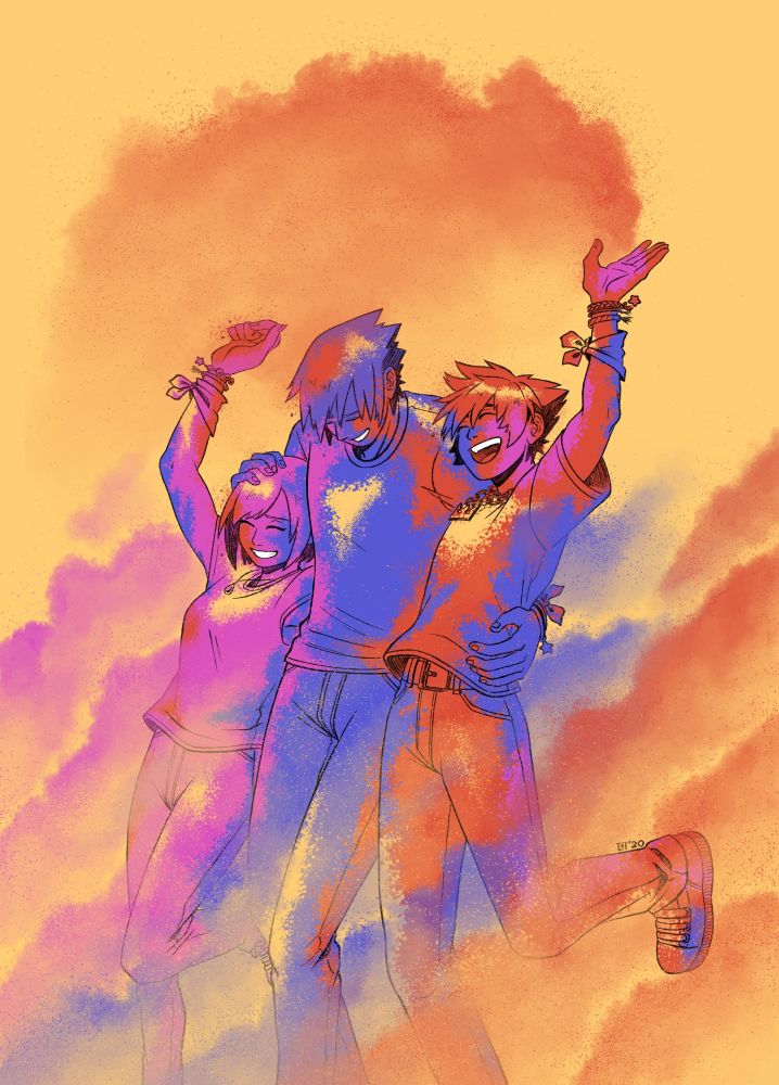 From left: Kairi, Riku and Sora from Kingdom Hearts, are side by side celebrating Holi.