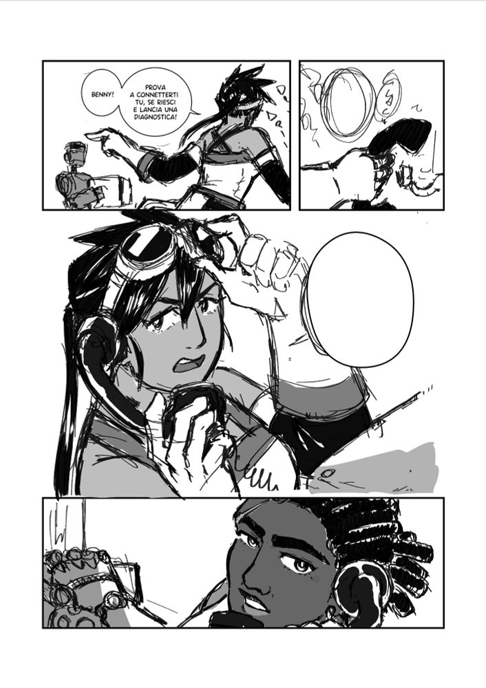 PAGE 04

First Panel: We see the girl talking to a robot “Benny, let's try to connect and launch a diagnostic”. She indicates the direction of the antenna, while she's going towards the phone.

Second Panel: The girl picks up the phone.

Third Panel: The girl takes her goggles off, while answering the phone. 

Fourth Panel: We see a black woman, with dreadlock, a mechanical arm and a scar over her right eyebrow at the other side of the receiver. 


