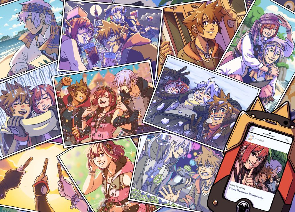 A fanart illustrating a collection of pictures of Sora, Riku and Kairi from Kingdom Hearts while having a vacation in most of the worlds from KH3. In the lower right corner you can see a gummiphone with the screen showing a post from kingstagram from their communal account called "The Raft". The post show a picture of Kairi smiling with a finger in front of her mouth as for asking to be quiet. Behind her Sora and Riku are fell asleep under some palms of their island. The post description on the gummiphone says "Time to Rest! #home #vacation #sleepyheads"