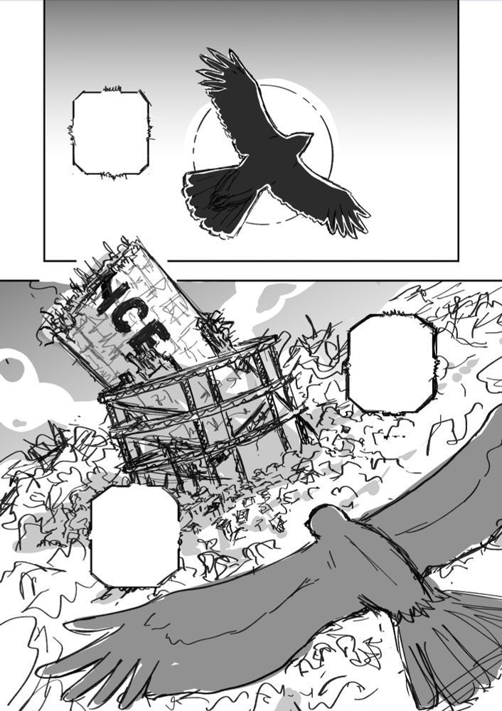 PAGE 01

First Panel: We see a hawk flying in the sky, in front of a burning sun, while we hear the voice of a radio speaker.

Second Panel: The hawk is flying over a big junkyard in the middle of a rocky desert, in the distance we see a wrecked spacecraft.