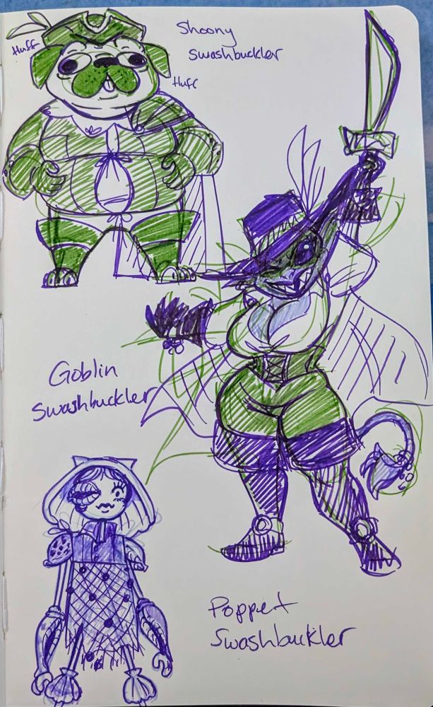 Sketches of a Shoony (fat pug) Swashbuckler, a busty Goblin Swashbuckler, and a Poppet made out of shells and netting Swashbuckler.