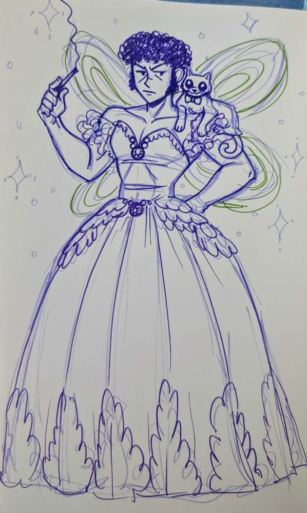 Walter Richter dressed as the Fairy God Mother, in a puffy ball gown, brandishing his cigarette as a wand. On his shoulder is Black Jack the Cat wearing a tie. 