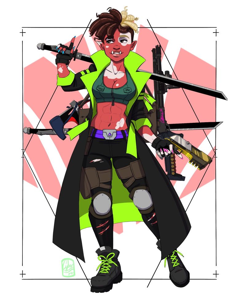 Sapphire Barlet AKA Teacup, weapons specialist Orc Shadowrunner. Her skin is primarily red with vitiligo. She is wearing a black trench coat with neon green inside layer, green sports bra that says, "Fuck Me" on the tits, and low riding black pants with combat boots. She has two katana, an axe, a shotgun, and a pistol.