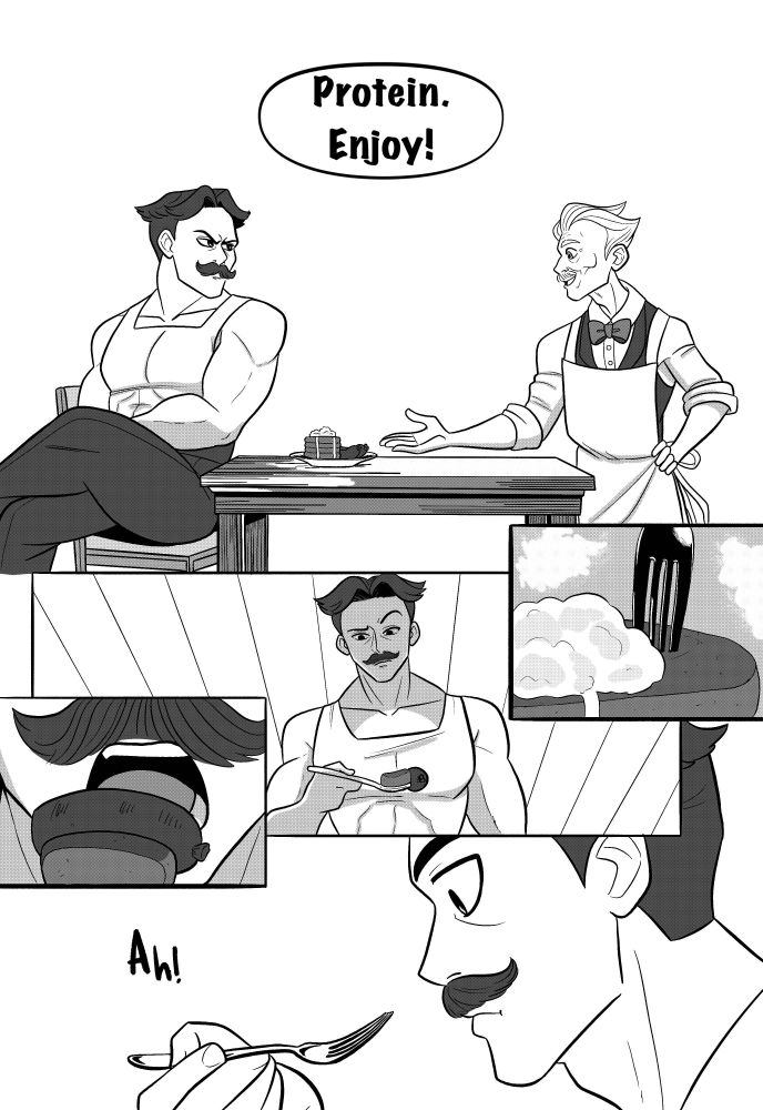 Dimension 20: Cloudward, Ho! comic parody of Food Wars!: Shokugeki no Soma, specifically pages from chapter 1. Read right to left.
Bert offers up a plate of red velvet pancakes with cheddar cream cheese icing and a side of jalapeño and mango popping boba sausages; to Maxwell. Bert says, "Protein. Enjoy!" 
Maxwell puts some of the food on his fork and looks dubious before putting it in his mouth. "Ah!"
