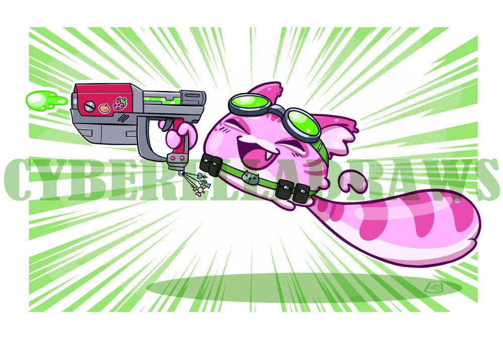 Pink tabby slime cat thing happily bouncing forward while shooting an Acid Gun that is adorn with stickers and charms. The cat wears goggles and a belt with patches.