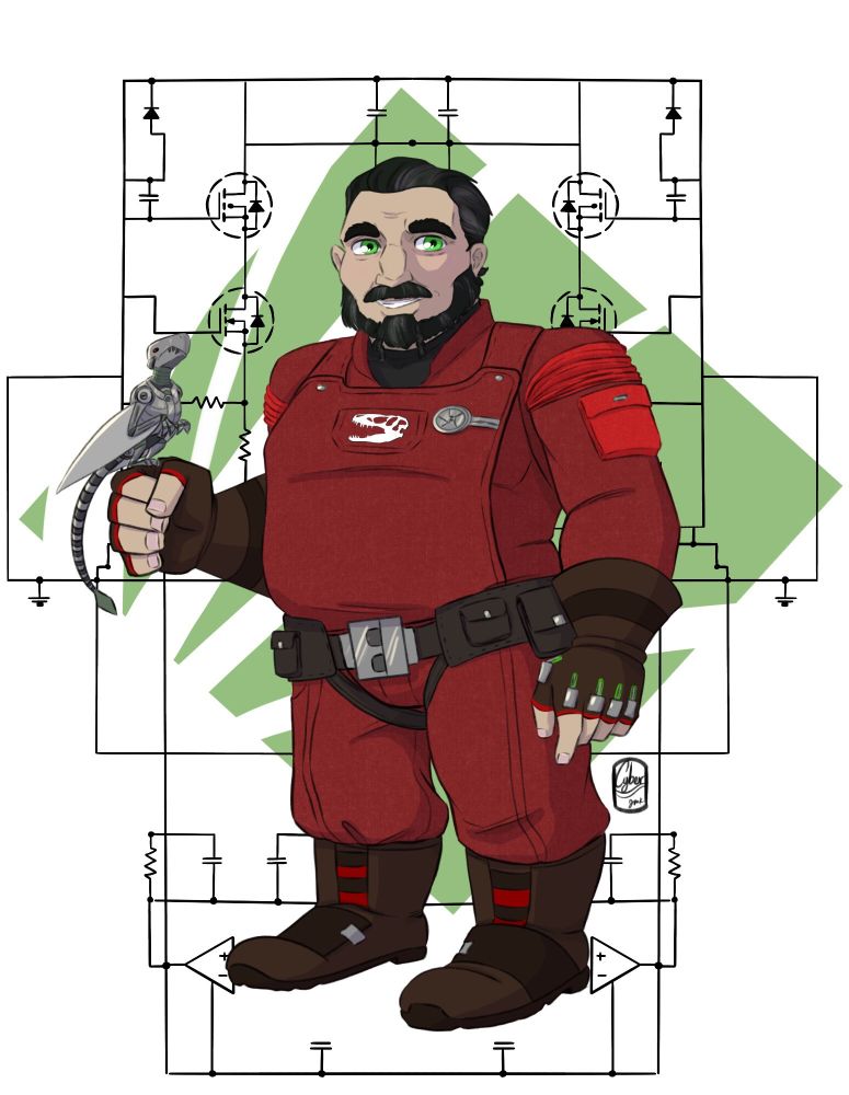 Rock Goblin the Rigger. Shadowrun Dwarf. He wears a red jumpsuit and has a dinosaur robot perched on his hand.