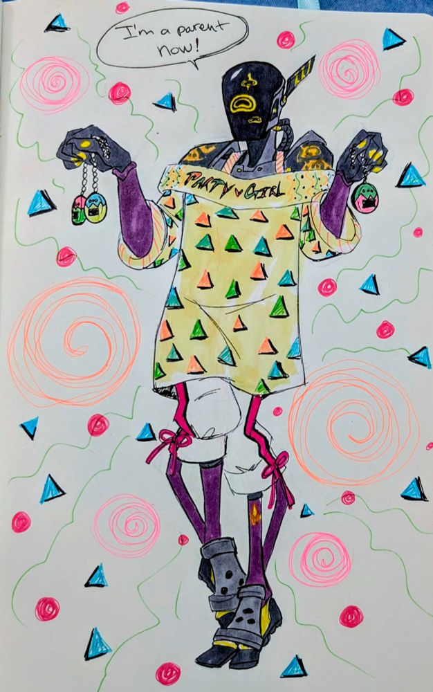Fritz A200Q, an Anomaly Witchwarper Android. They stand holding up three tamagotchi while wearing a Party Girl 80's style t shirt and short pants. They proclaim, "I'm a parent now!" 