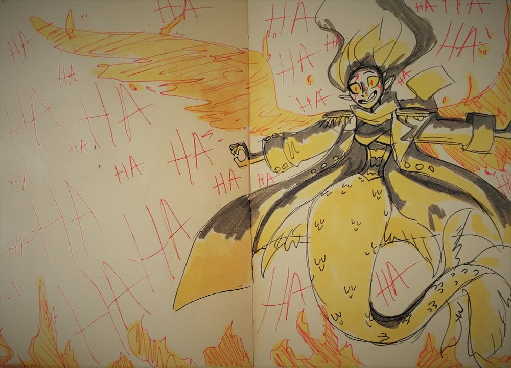 Freya flying in the air, bathed in fire light laughing maniacally. 