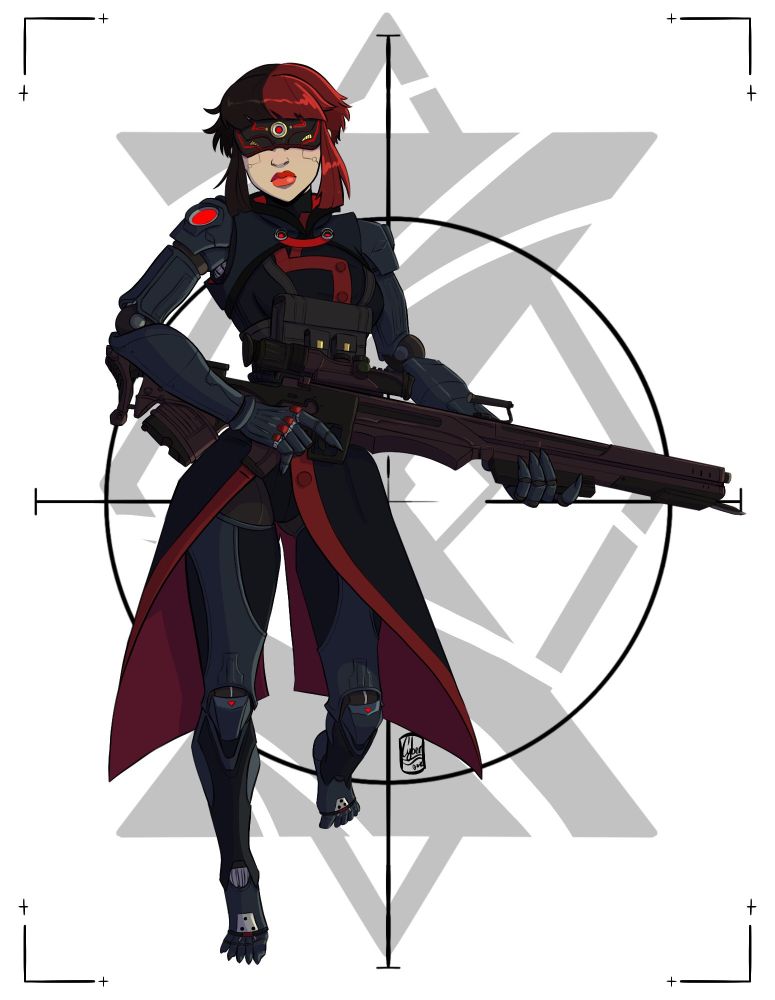 Covert Ops Specialist, Vector. Shadowrun cyborg woman with short hair dyed one side red, one side black. She is moving forward while holding a large sniper rifle.