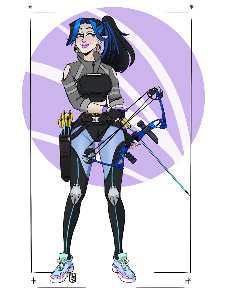 Siren an archer and The Face. Shadowrun Elf. She has black hair with blue streaks, pulled back in a ponytail. She wears a sporty cyberpunk style outfit and carries a compact bow and quiver.