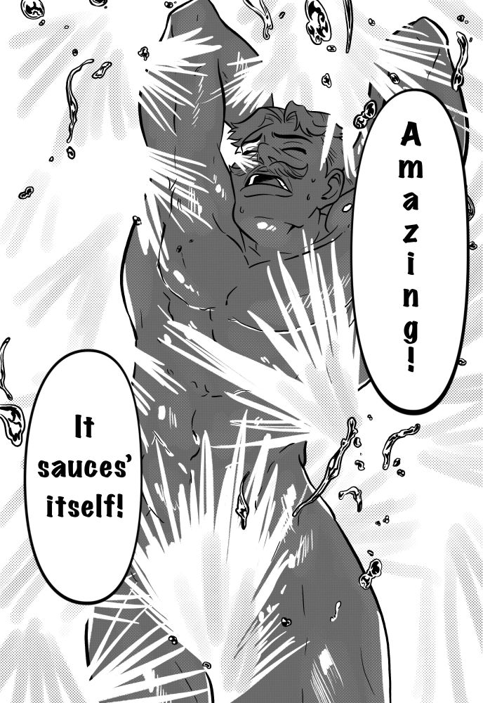 Dimension 20: Cloudward, Ho! comic parody of Food Wars!: Shokugeki no Soma, specifically pages from chapter 1. Read right to left.
Maxwell in a moment of pure orgasmic joy from the taste of the food (pose taken from the manga) as he yells out, "Amazing! It sauces' itself!"