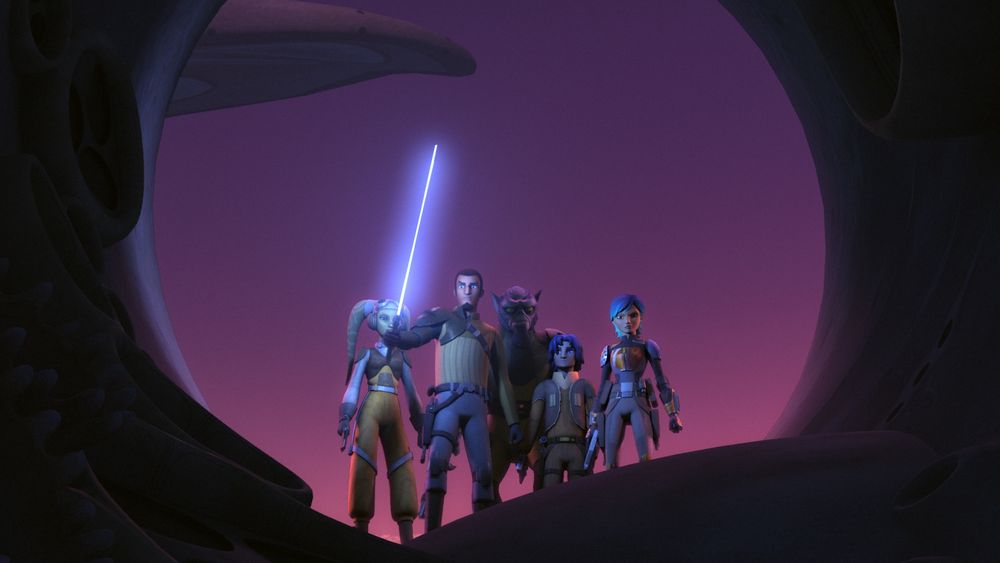 a still from season 2 episode 20 of star wars rebels featuring the ghost crew