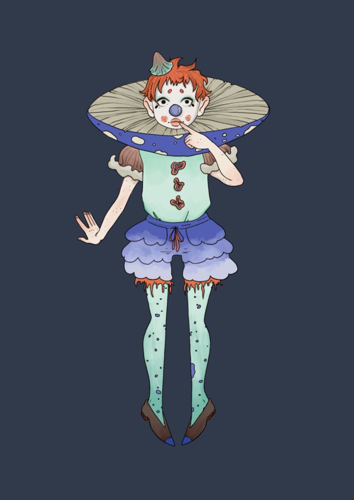 Drawing of a clown with a mushroom collar and other mushroom details