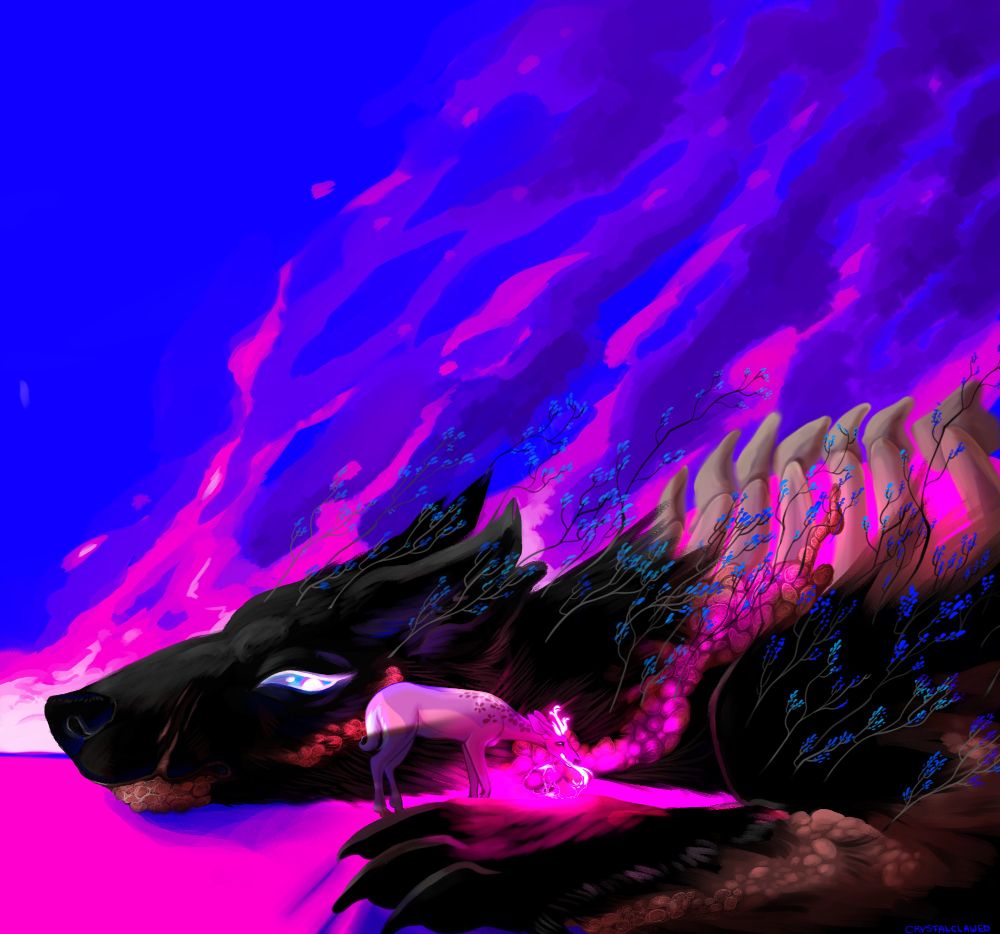 A large wolf lays rotting and festering with sickness, bones exposed to the air and burning in pink flames with blue flowers blooming from its fur in response to a small pink deer taking a glowing pink antler that has been festering for years out of its flesh. The wolf watches the deer, unable to know what to feel.