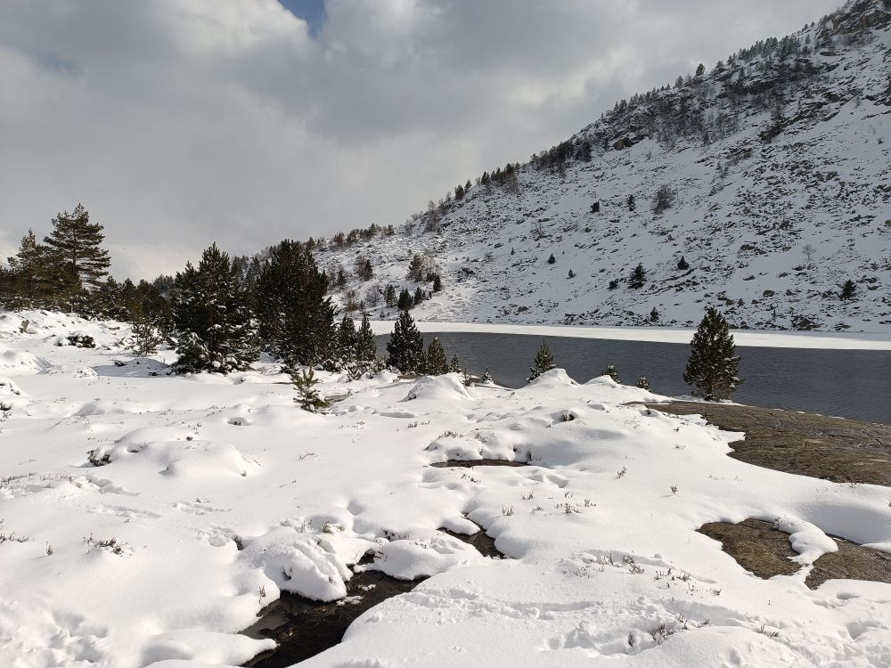 Lac de montagne entouré de neige 