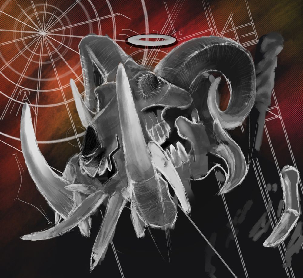 a multi-horned figuire silhouette infront of a frantic red/orange/yelllow blurred background. the Hippo skull is adorned with tusks, boneworked etching and contrasting white. The background is littered with abstract blueprint-like markings. Above the figures boney visage is a digital halo.