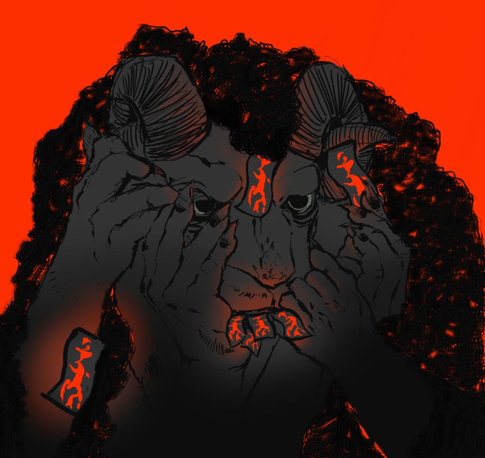 A ram horned goat stares blankly forward with green ring lit eyes as 2 pairs of grey hands stroke and grab at their face, a red dimly lit scene is flooded with the goat's flow of black curls. The face and mouth filled with Red marked undead charms. 