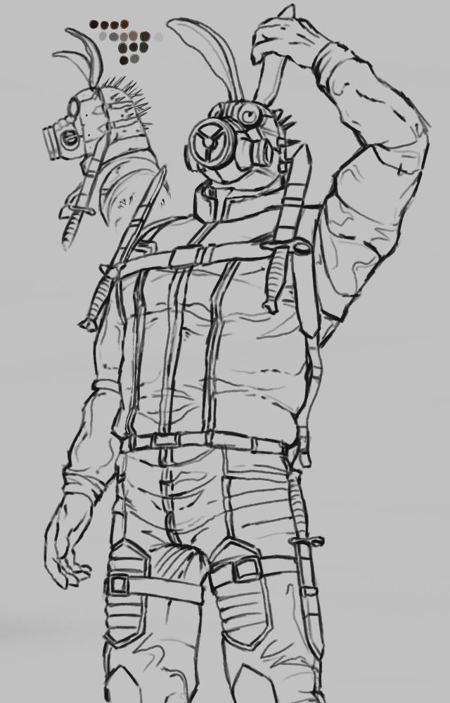 kaiman drawn from a netflix still of the show Dorohedoro, kaiman stands with his mornal regalia on and bunny ears. 