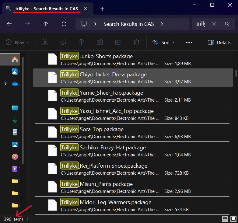 screenshot of a Sims cc folder. with the search results in CAS of the creator Trillyke. A red arrow in the bottom left corner is pointing to "396 items"