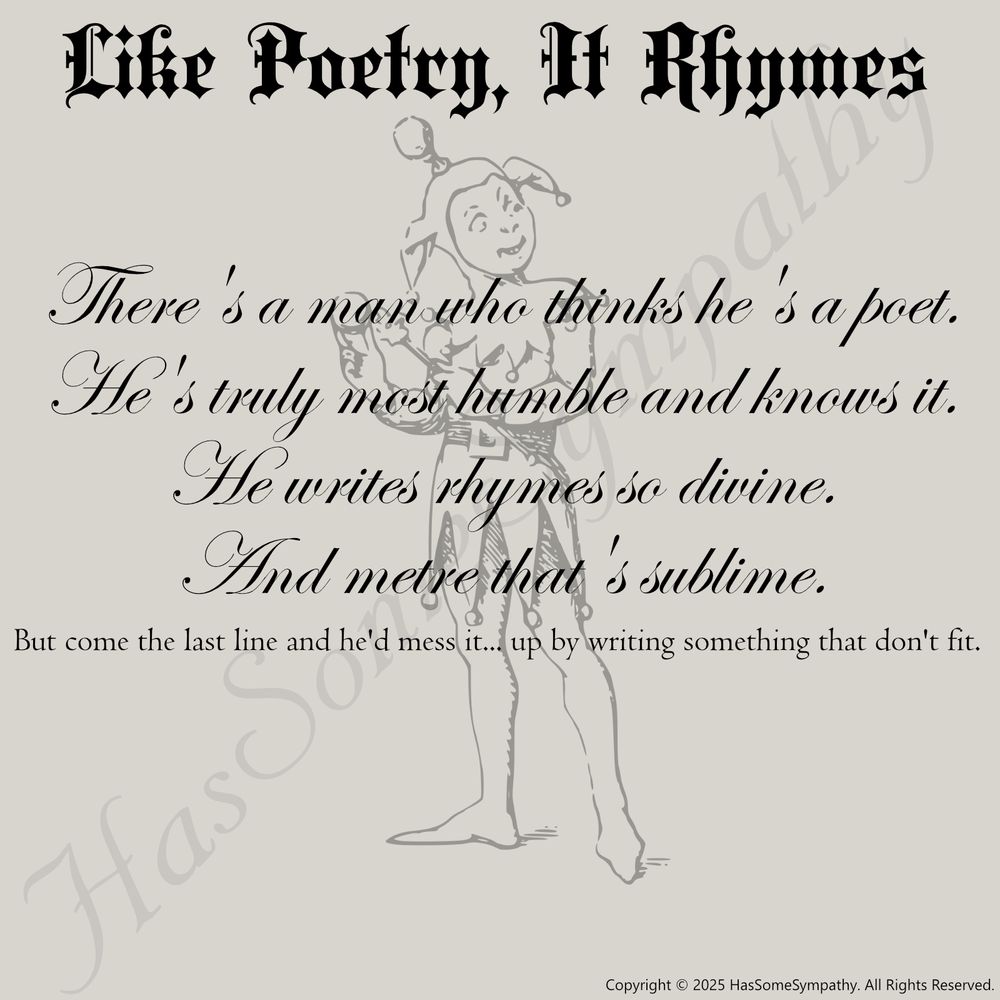 Poem text on a background with an old fashioned illustration of a jester.