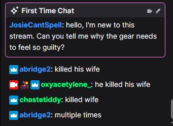 Screenshot of Twitch chat showing first time chatter JosieCantSpell saying, 