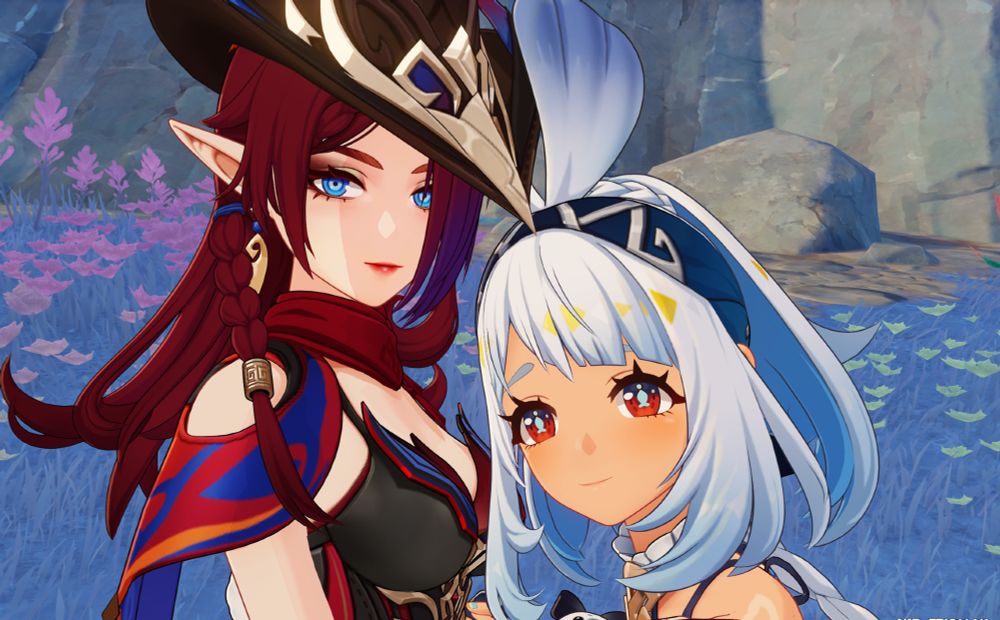 Chasca and Mualani from Genshin leaning against each other