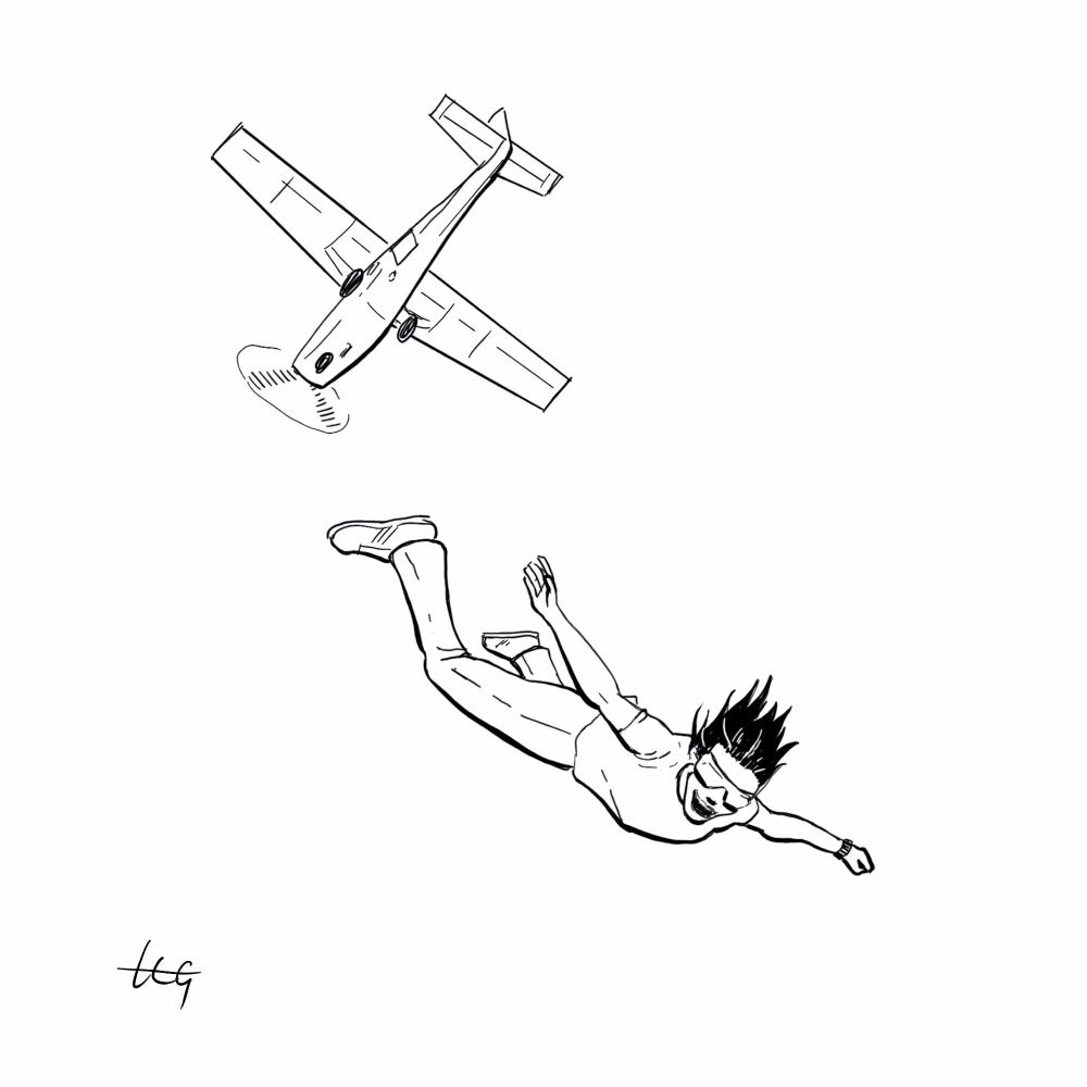 drawing of a man jumping out of an airplane without a parachute.