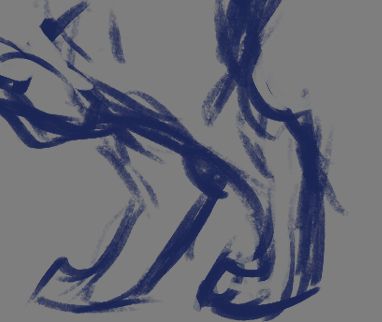 A close up on a short furred cat's hind legs. The paws are wide, and bear the weight of the cat well. There's a hint of hanging primordial pouch leading into the belly area.