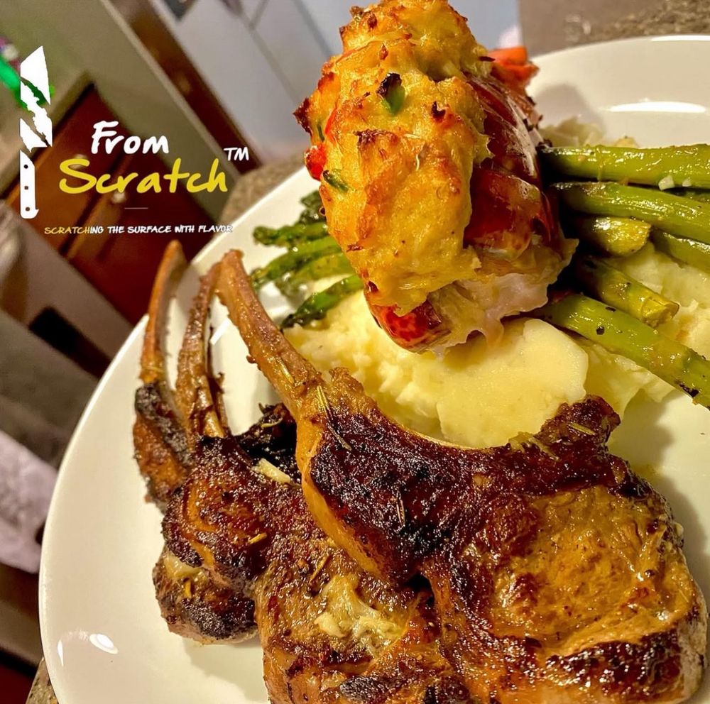 Lamb Chops with garlic parm mash potatoes, roasted asparagus and a crab stuffed lobster tail