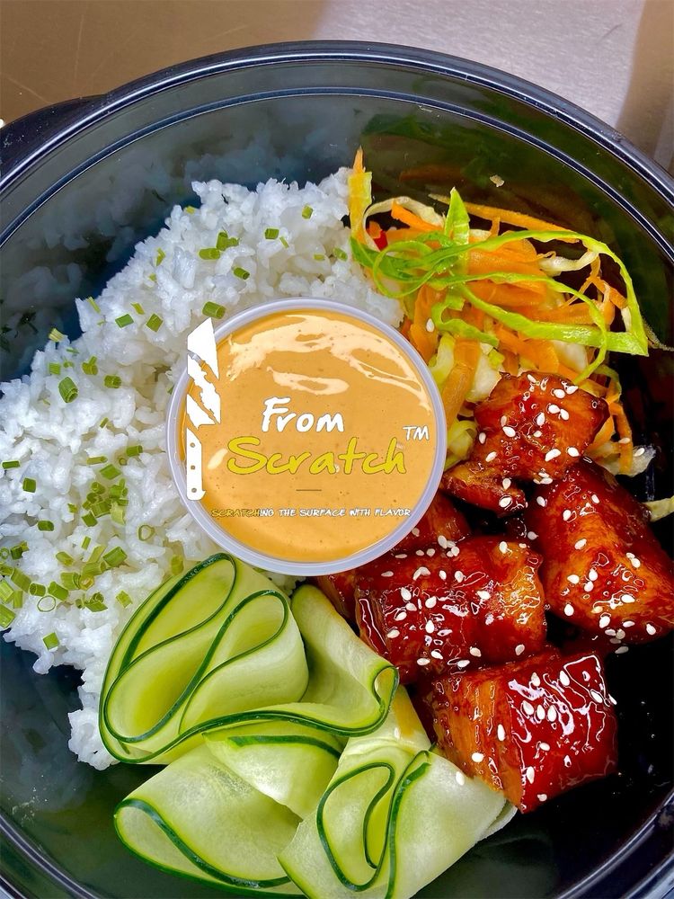 Char Siu Pork Bellu rice bowl with sriracha aioli 