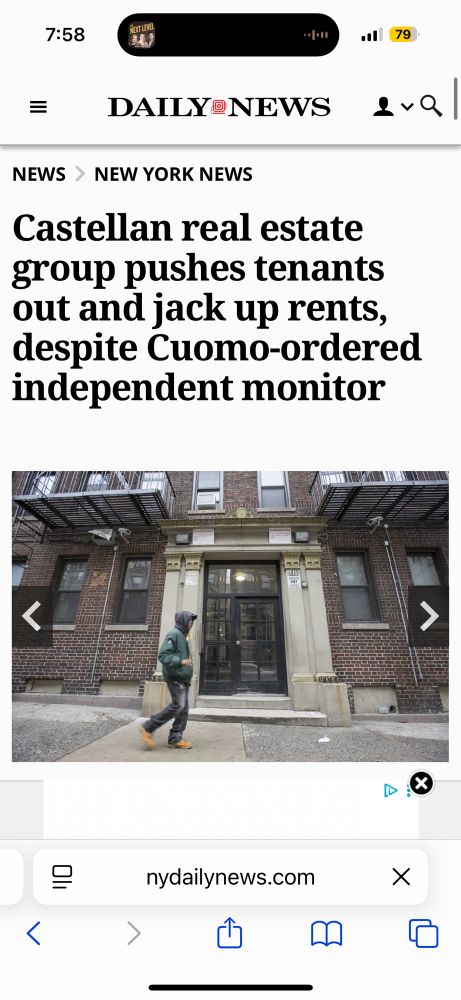 A screen shot of an article in the NY Daily News with the headline “Castellan real estate group pushes tenants out and jack up rents, despite Cuomo-ordered independent monitor”