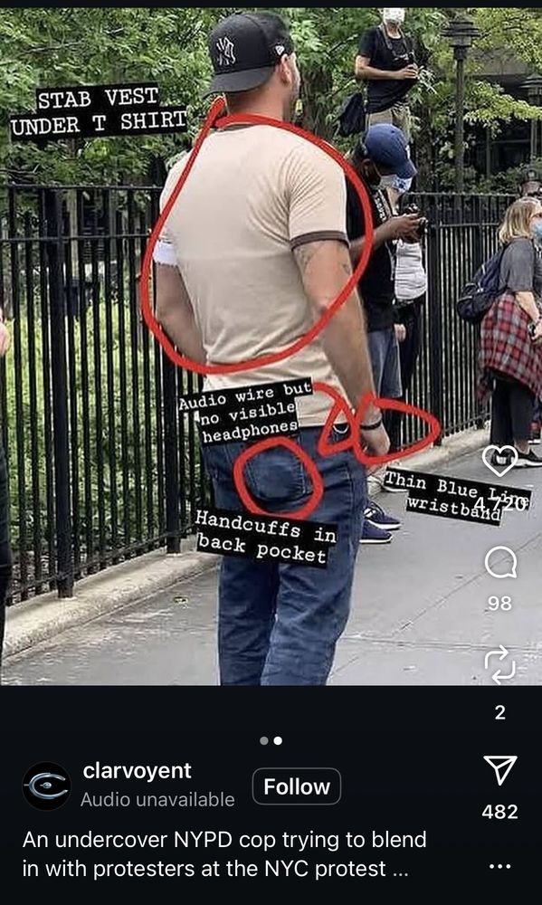 Screen shot of an instagram post of a photo of a man with clues that he is actually undercover NYPD circled and explained. 
