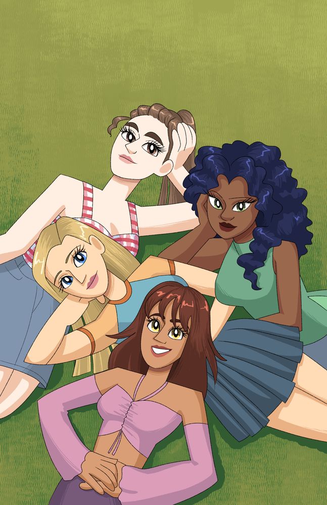 a cartoon illustration of four characters lying together on grass. girl one (top) is pale with light brunette hair, brown eyes, a gingham top and a denim skirt. girl two (middle left) is blonde, warm toned light skin, with blue eyes, a blue and orange baseball t shirt and pleated dark blue skirt. girl three (middle right) is african american coded with dark blue hair, green eyes, and is wearing a soft green-blue top and jeans. girl four has a warm medium skintone with dark auburn hair and light brown eyes. she is wearing a pinky-purple top and dark purple skirt. 