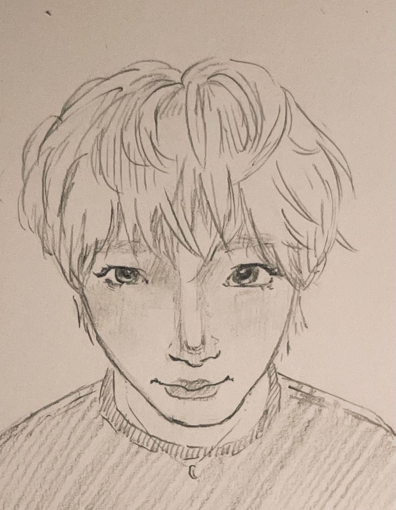 a sketch of Mu from Epex, his head is close to the camera so it’s supposed to look big