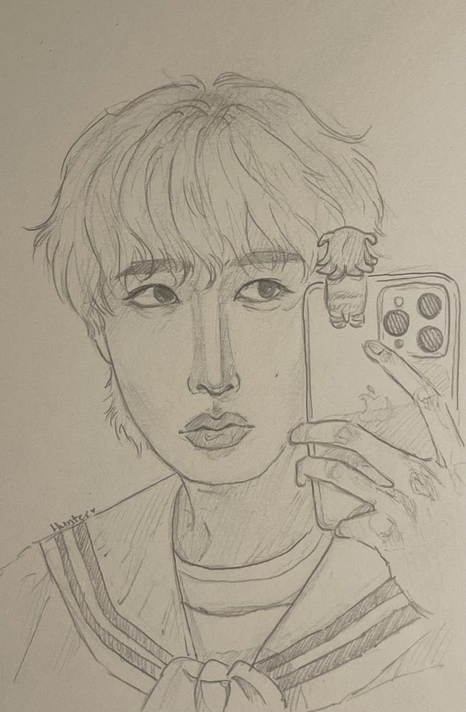 A pencil sketch of Hunter from xikers, his hair is fluffy, he is taking a mirror selfie with a squid cat charm on his phone
