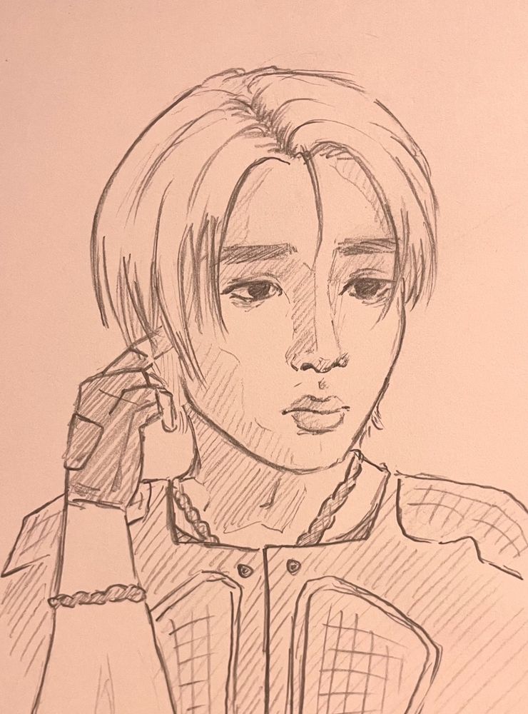 a sketch of hunter, xikers
his gloved hand touches his ear, he is wearing a top with some protective gear on it
light blond hair and a neutral expression 