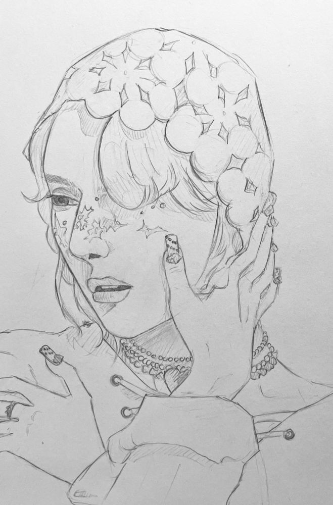 mother!
it’s wumuti from xlov
he has a knit white headpiece and outfit, his hair is covering one of his eyes
his hands (with pretty nails) are on his face and chest
he has a few face jewels on as well