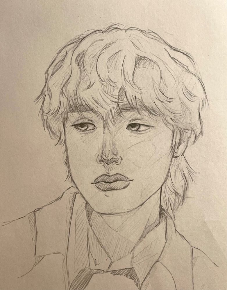 hunter, xikers
pencil sketch
curly blond hair, button up with an over coat
he’s looking left