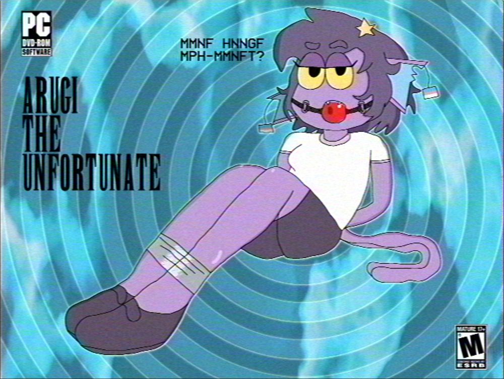 A purple fish girl with two tails, a star on her head, and two trans flag piercings on each ear, taped up and gagged in a swirly water background with the PC and Rated M for Mature logos on the top left and bottom right respectively. There's a title in the Final Fantasy font that reads "ARUGI THE UNFORTUNATE" (ballgag version)