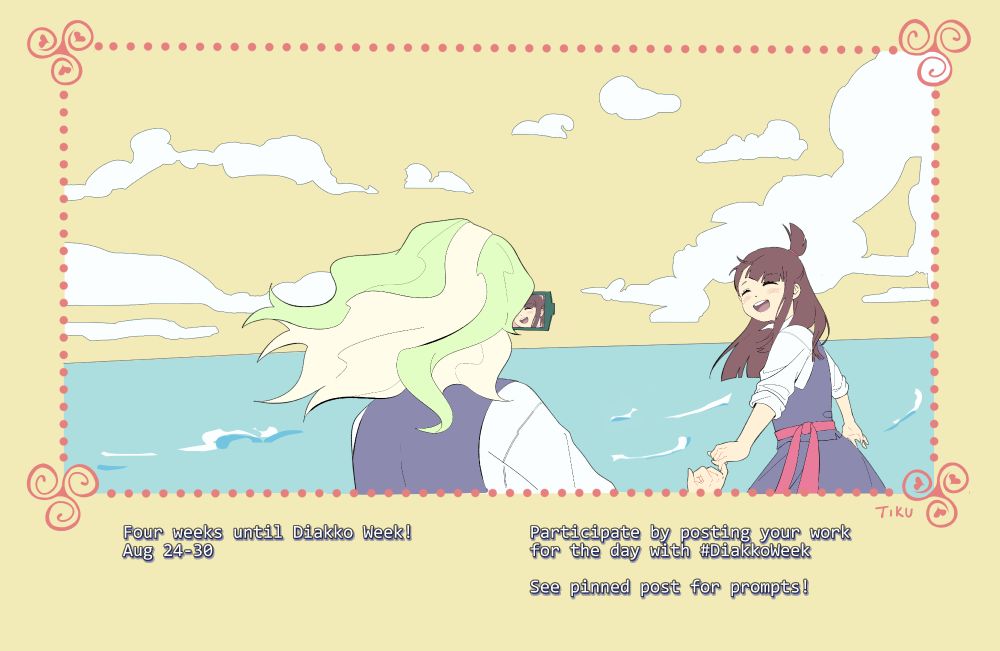 Akko Kagari leads Diana Cavendish by the hand along the beach. Diana takes Akko's picture.