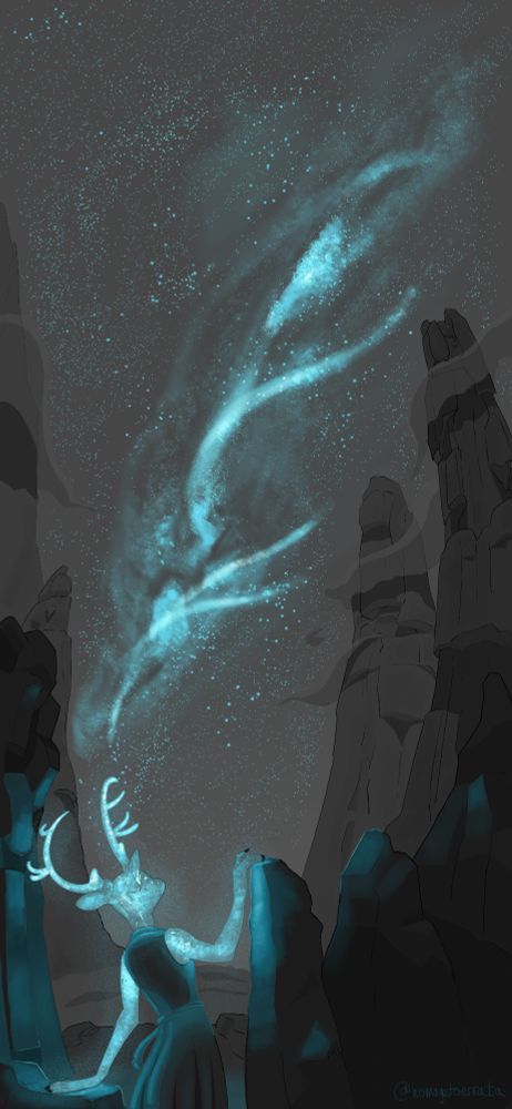 A humanoid deer, standing on the summit of an unknown mountain, looks up to a starry sky. Its fur glows brightly with stars, matching the sky and lighting the terrain around her.