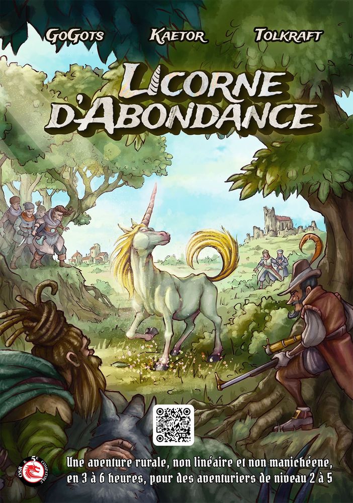 La couverture du scénario "Licorne d'Abondance", pour DD5 et OSR. On y vois un cadre bucolique et une licorne convoitée par divers personnages ou groupes de PNJ.