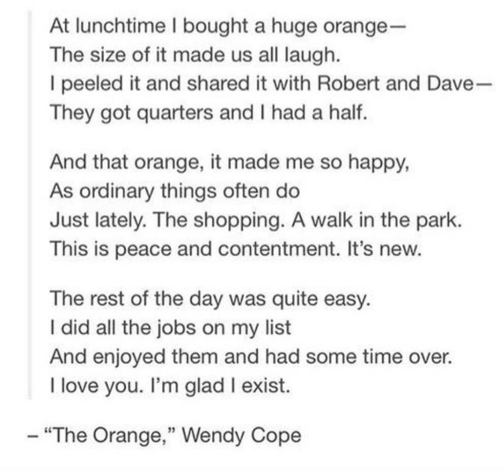 “At lunchtime I bought a huge orange —
The size of it made us all laugh.
I peeled it and shared it with Robert and Dave —
They got quarters and I had a half.

And that orange, it made me so happy,
As ordinary things often do
Just lately. The shopping. A walk in the park.
This is peace and contentment. It's new.

The rest of the day was quite easy.
I did all the jobs on my list
And enjoyed them and had some time over.
I love you. I'm glad I exist.”

- "The Orange," Wendy Cope