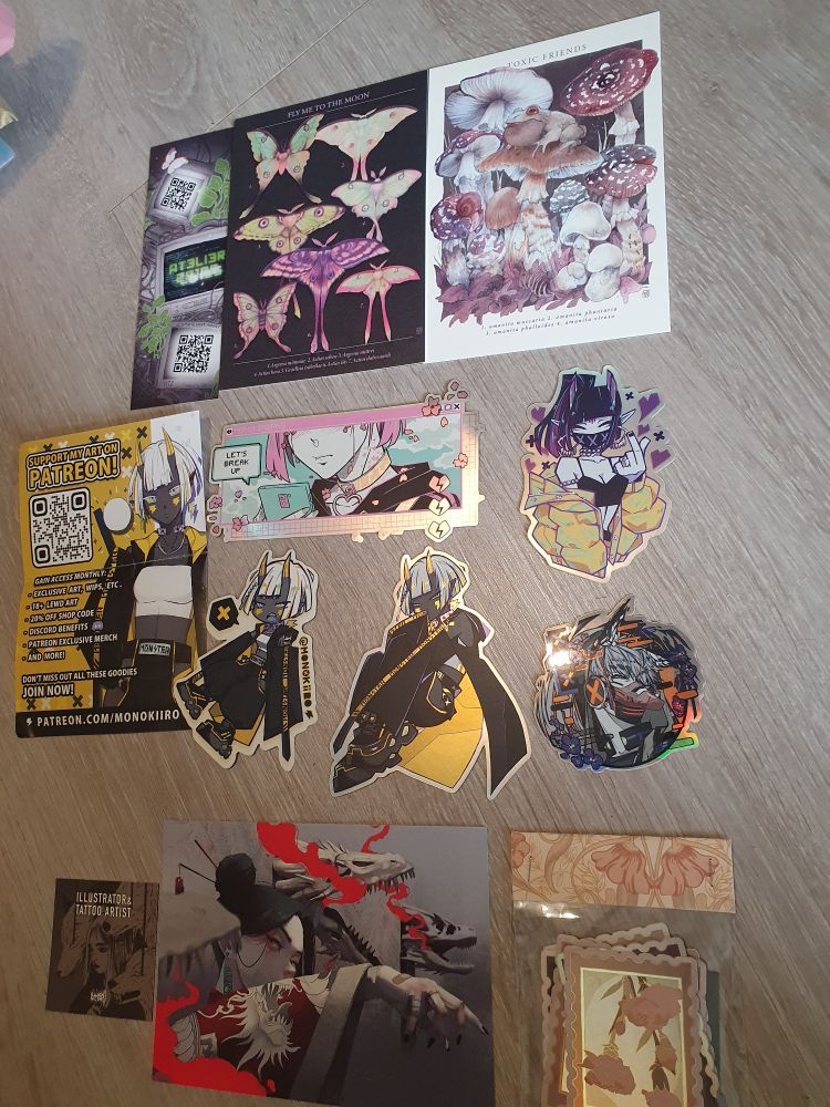 Sticker and postcards from different artist